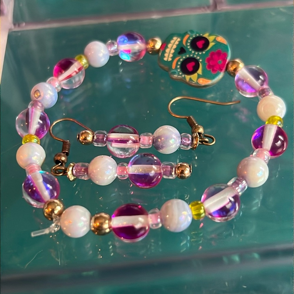 DÍA DE LOS MUERTOS - Pink Gold White - handmade bracelet & nickel free earrings